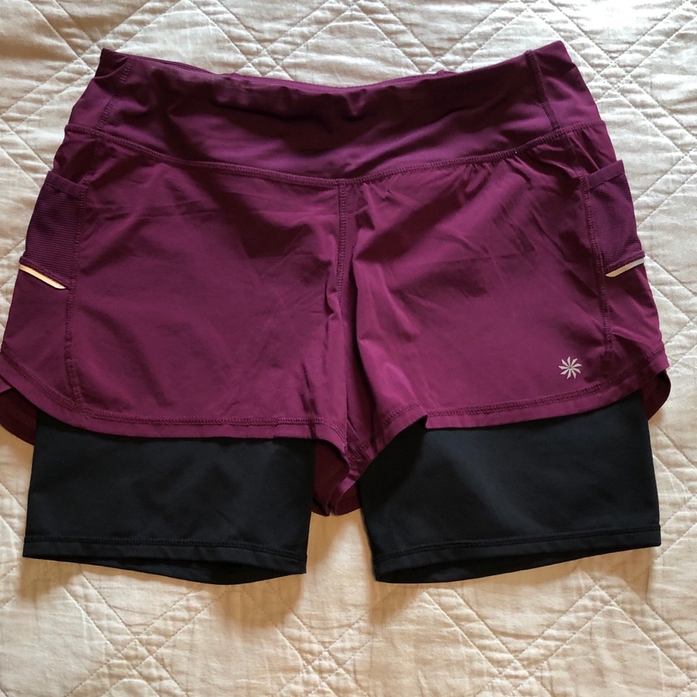 Athleta Plum Purple Overlayer Black Lined Athletic Shorts